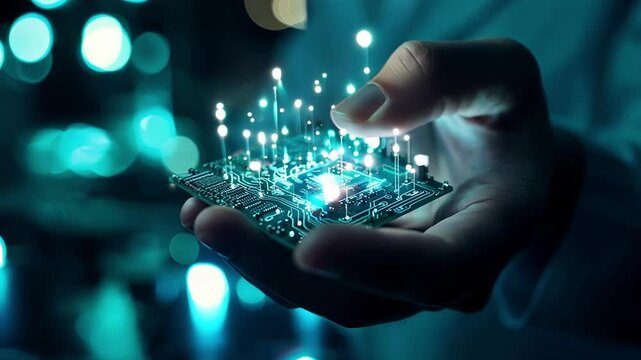 Businessman is holding a circuit board with a cpu, representing innovative production processes and technological advancements in business