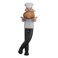 Male Chef Professionalism in 3D. A chef is serving a plate of roast meat in front of his body. Culinary Cartoon