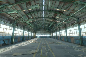 Obraz premium Abandoned Industrial Building Interior with Green Steel Frame and Windows