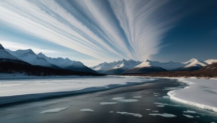 Naklejka premium A serene winter landscape featuring mountains, a frozen river, and dramatic cloud patterns.