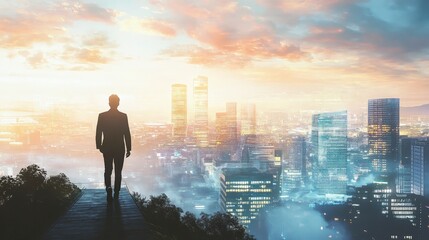 Fototapeta premium Silhouette of a businessman in a suit standing on a ledge overlooking a modern city skyline at sunset, representing vision, success, and future planning.