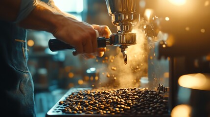 Barista grinding fresh coffee beans with a manual grinder, soft morning light filtering through, craft coffee, traditional and skilled