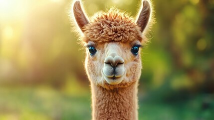 Obraz premium An alpaca with a big brown nose and big brown ears. It is looking at the camera