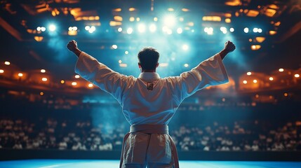 Karate Champion Celebrating Victory in a Grand Arena
