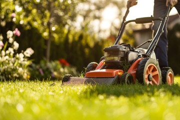 Fototapeta premium A man is using a modern lawnmower to skillfully mow a lush green lawn in a beautiful, bright garden