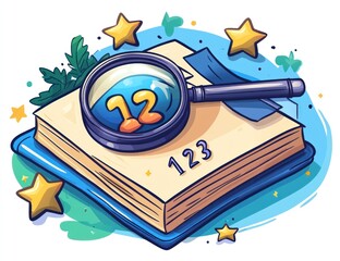 Book with Magnifying Glass and Stars Illustration