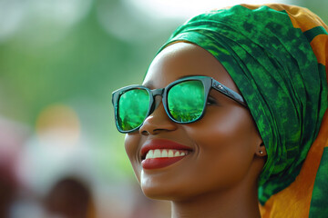 Beautiful nigerian woman smiles widely, adorned in traditional green attire, celebrating her country's independence day with pride. Nigerian Independence Day