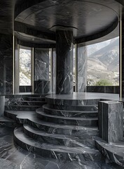 Black Marble Staircase with Circular Platform and Mountain View
