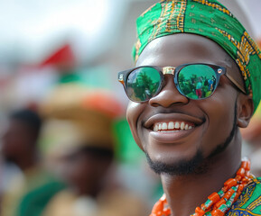 Nigerian man smiles widely, adorned in traditional green attire, celebrating her country's independence day with pride. Nigerian Independence Day