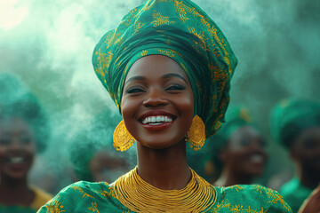 Beautiful nigerian woman smiles widely, adorned in traditional green attire, celebrating her country's independence day with pride. Nigerian Independence Day