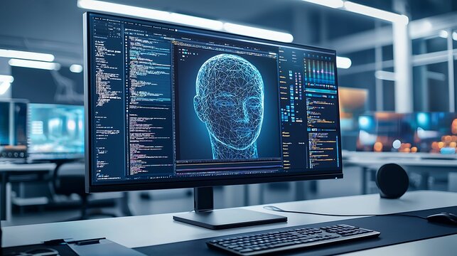 An advanced AI system generating and editing images with precision, displayed on a state-of-the-art monitor in a designer's workspace, surrounded by creative elements, copy space for text,