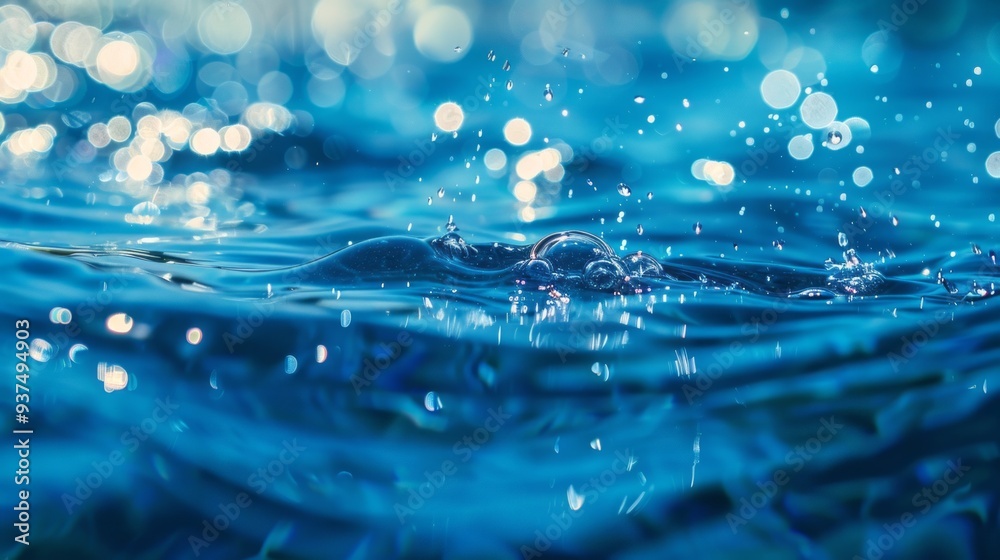 Poster water droplets burst upwards as the surface glistens with reflections of light, creating a mesmerizi
