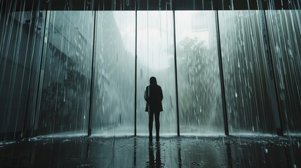 Fototapeta premium silhouette of person watching rain , lone figure at window , rain cascading down window