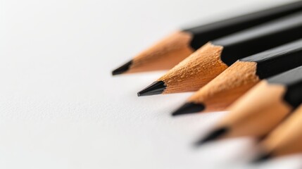 Row of black pencils is lying on white paper surface