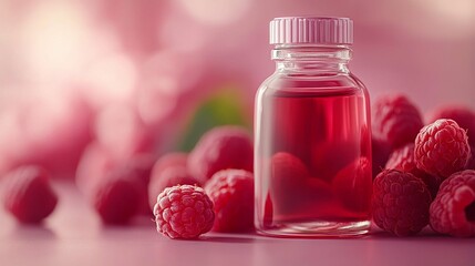 Raspberry extract in a clear bottle with fresh raspberries, minimal design.