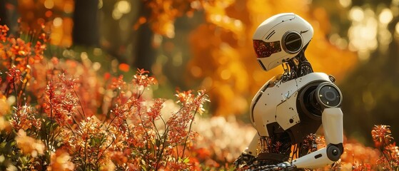 Autumn Robot Exploring the Colorful Nature Landscape