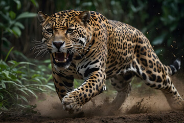 Fototapeta premium Pursuit of the wild: The Jaguar’s relentless chase