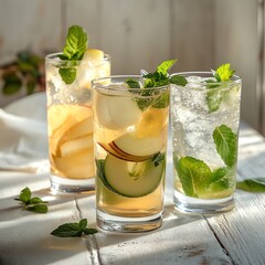 Sparkling apple juice, citrus soda, and still water with mint, placed on a white wooden table with soft light, refreshing drinks, crisp and clean