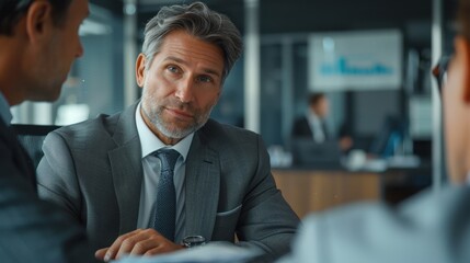 Advisor Session: In a sharp grey suit, the financial advisor meets a client in a bright office, explaining investment strategies with charts and graphs, his voice calm and reassuring.
