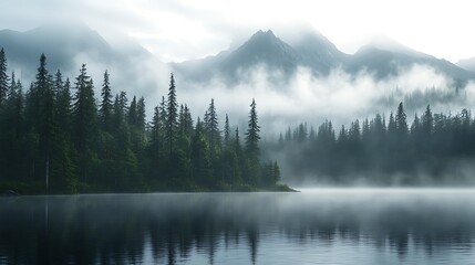 Fototapeta premium Misty mountain lake with pine trees and fog, capturing the tranquil and mysterious beauty of a peaceful forest landscape.