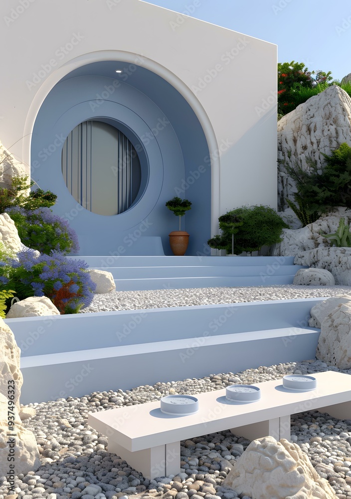 Wall mural modern minimalist house with blue arch and stone garden