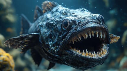 Hyper-Realistic Giant Black Deep-Sea Anglerfish with Sharp Teeth Swimming in Dark Blue Ocean - Cinematic Lighting, Ultra-Detailed Fantasy Creature