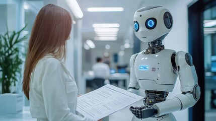 Woman Interacting with Humanoid Robot in Modern Office