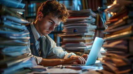 Fototapeta premium Midnight Grind: Wearing a dress shirt rolled up to his elbows, the young consultant types rapidly on his laptop, surrounded by documents and papers, with the office dimly lit by his desk lamp. 