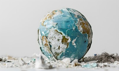 A globe of the earth with trash over white background, the concept of ecology problem and World Environment Day. Photo with message for social advertising, place for inscription