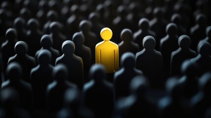 Obraz premium Golden figure standing out among black figures in crowd representing strong leadership and individuality, showcasing contrast in group setting, unique presence
