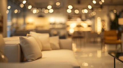 Blurred Interior with Sofa and Pillows in Warm Lighting