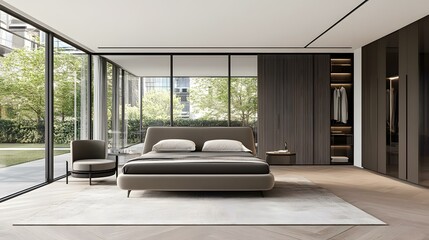 Fototapeta premium Modern Bedroom Interior Design With Large Windows And Closet