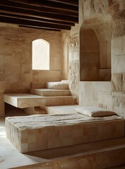 Stone Architecture with Arch Window and Wooden Beam