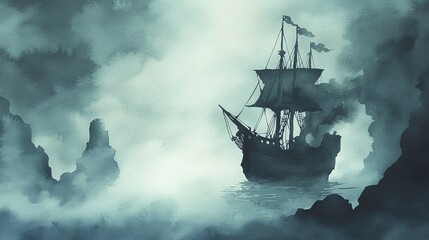 Obraz premium Mysterious ship sailing through foggy sea, creating an eerie and atmospheric scene with dark, misty surroundings.