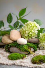 Stones Moss And Hydrangea Flowers Spa Still Life