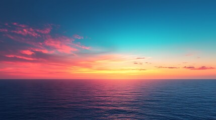 Obraz premium Colorful sunset over ocean with pink and blue clouds, capturing the serene beauty of a tranquil evening by the sea.