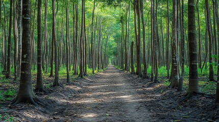 Obraz premium A rubber plantation in a tropical rainforest, showcasing biodiversity, sustainable agriculture, environmental conservation
