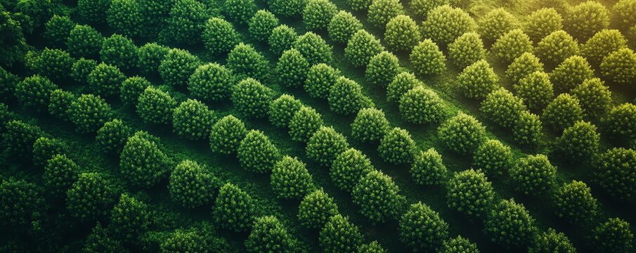 Aerial view of ecofriendly rubber plantation with diverse vegetation, rubber tree farm, environmental conservation
