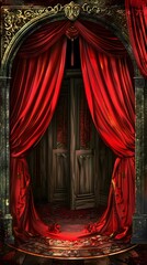 Red Velvet Curtains Open to Reveal a Mysterious Room