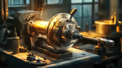 Close-up of a Metalworking Machine with a Sharp Drill Bit and a Shiny Metal Object