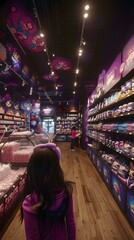 Fototapeta premium Purple Themed Candy Store Interior Design With Young Girl Customer