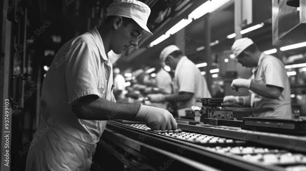 Poster a factory worker in a white uniform operates a conveyor belt