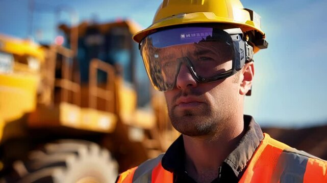 Construction worker wearing augmented reality glasses is standing in front of a bulldozer on a sunny day. He represents the future of construction with innovative technology