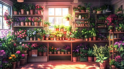 Sunlit Greenhouse Filled with Vibrant Flowers and Plants.