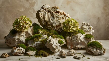 Moss Covered Rocks with Green Flowers