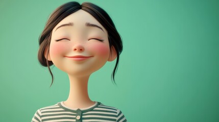 Fototapeta premium 3D character close up portrait of a cheerful Asian woman in a striped shirt, with a broad smile and closed eyes, with a pastel green gradient background, copy space, cartoon style, 3D design