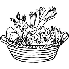 Vegetable basket Doodle Outline hand drawing