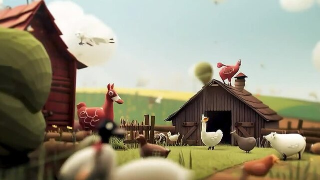 a barn ,  a cow , a sheep,  an elephant , and  a giraffe  in a farmyard