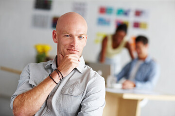 Fototapeta premium Business man, portrait and web designer with smile from working, startup and creative agency. Professional, office and happy with confidence and graphic design job at company with content management