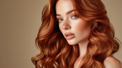 Naklejka premium A striking model with vibrant red hair poses gracefully, her curls cascading around her shoulders, while warm light highlights her features, creating an enchanting aura